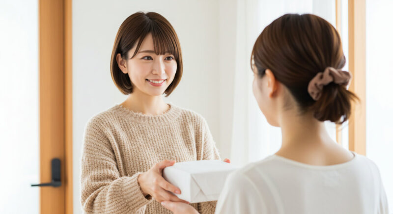 粗品を手渡す女性